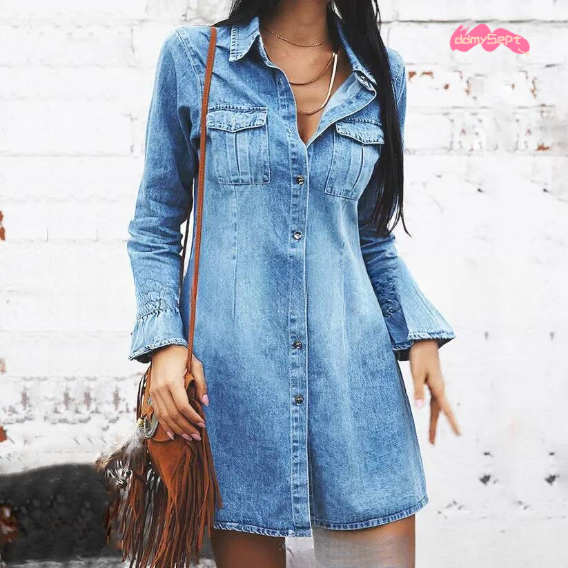 Women Denim Dress Long Sleeve Single Breasted Loose Fit A Line Dresses Turn Down Collar Splice Office Lady Elegant Vestidos ddmysept