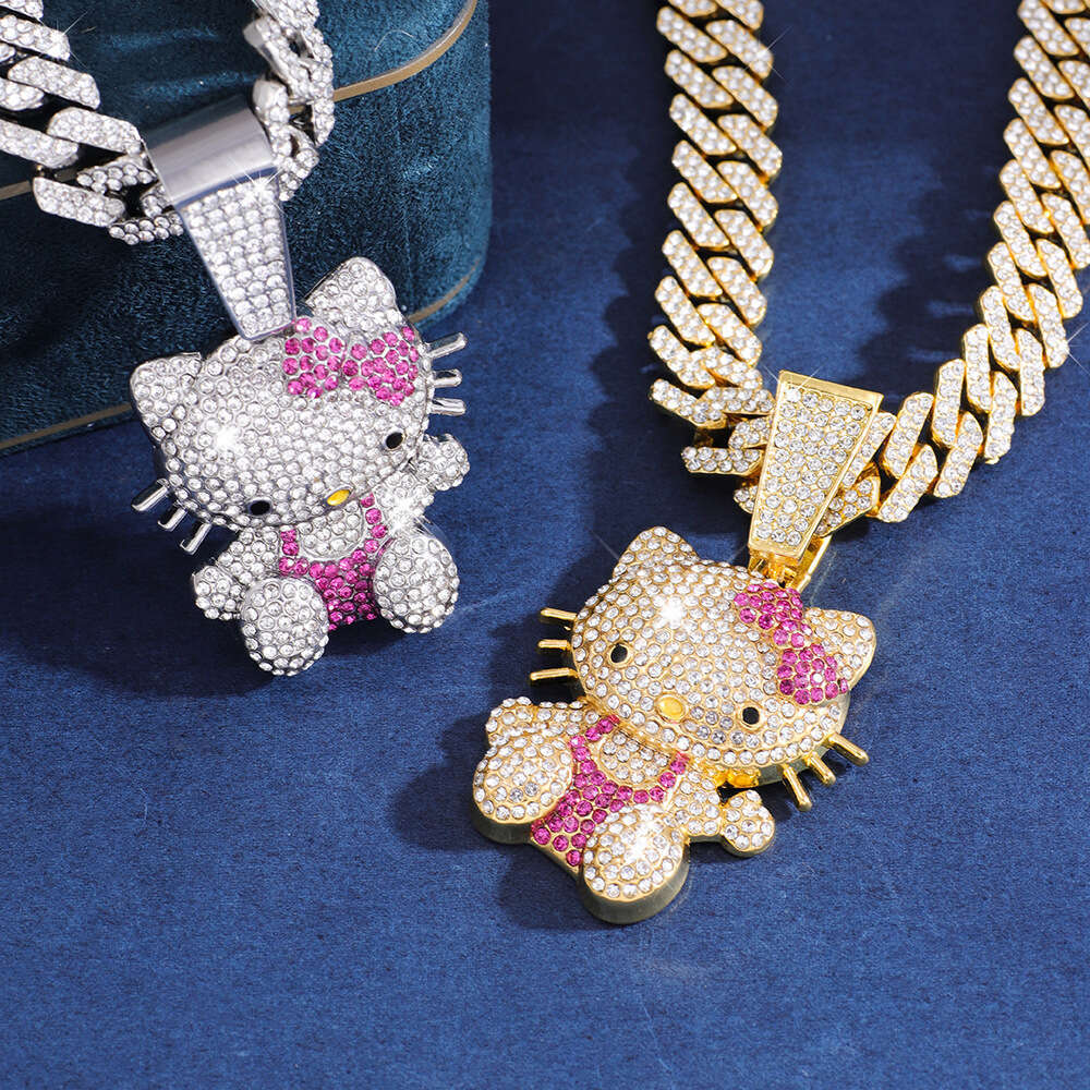 European and American 3D Animal Cat Pendant Zinc Alloy Full Diamond Oil Drop Hip-Hop Expert Cuban Chain Necklace