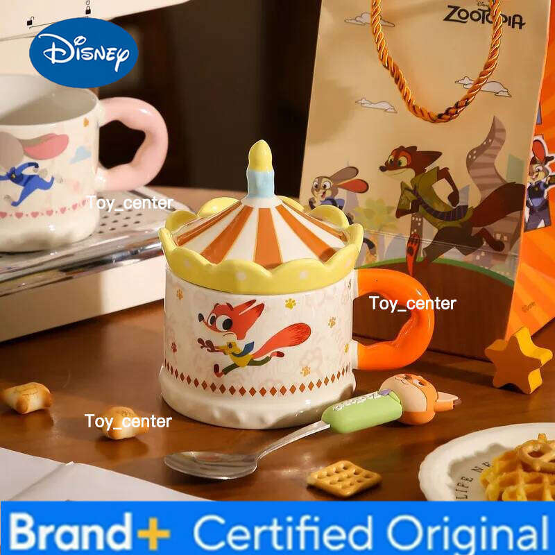 Disney Zootopia Judy Nick Couple Ceramic Mug With Carousel Lid And Spoon Cartoon Coffee Tea Cup Birthday Gift For Girls Couples H260205