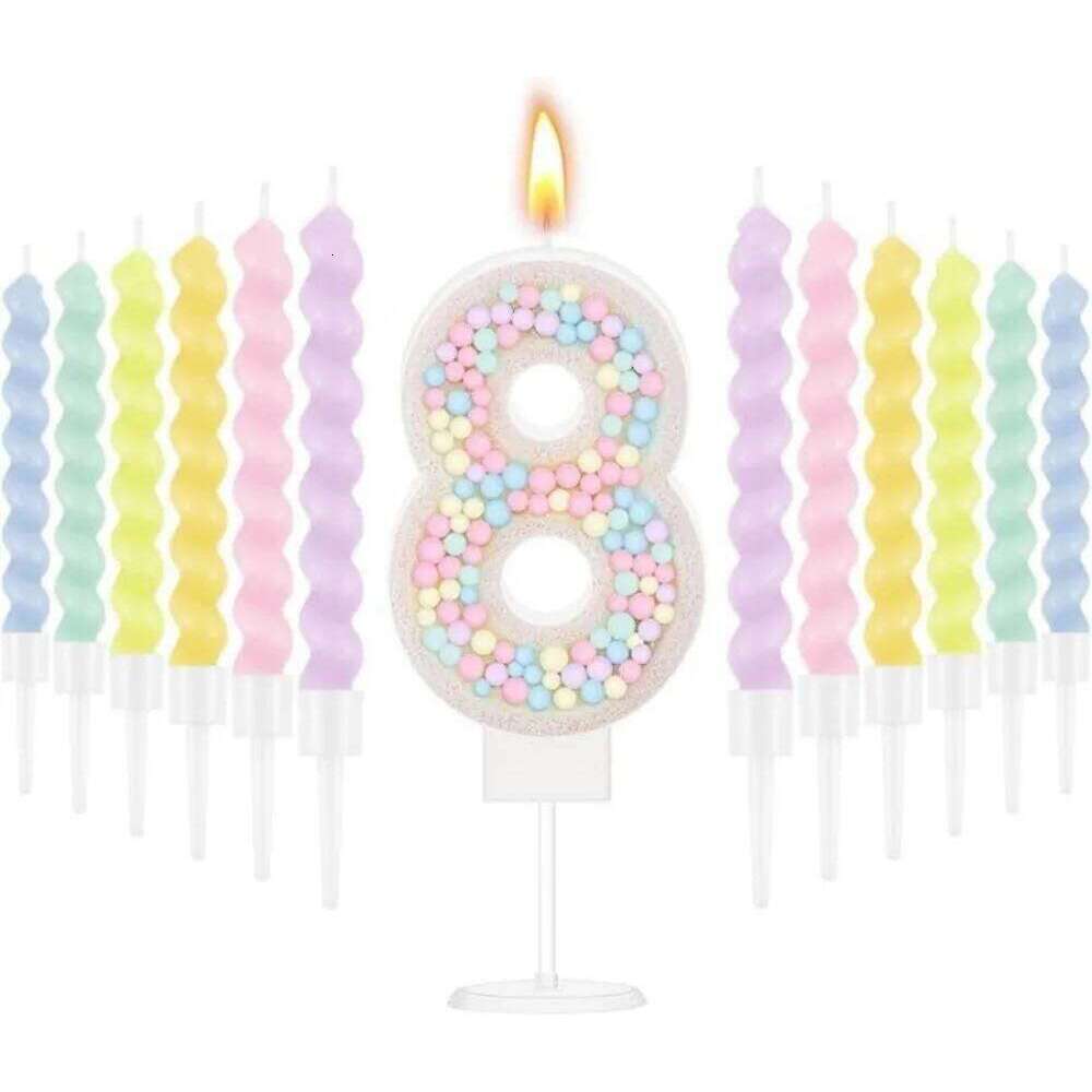 Birthday Macaron Pastel Glitter 3D Number Candle with 12 Pcs Rainbow Spiral Candles in Holders for Girl Boy Cake S260204