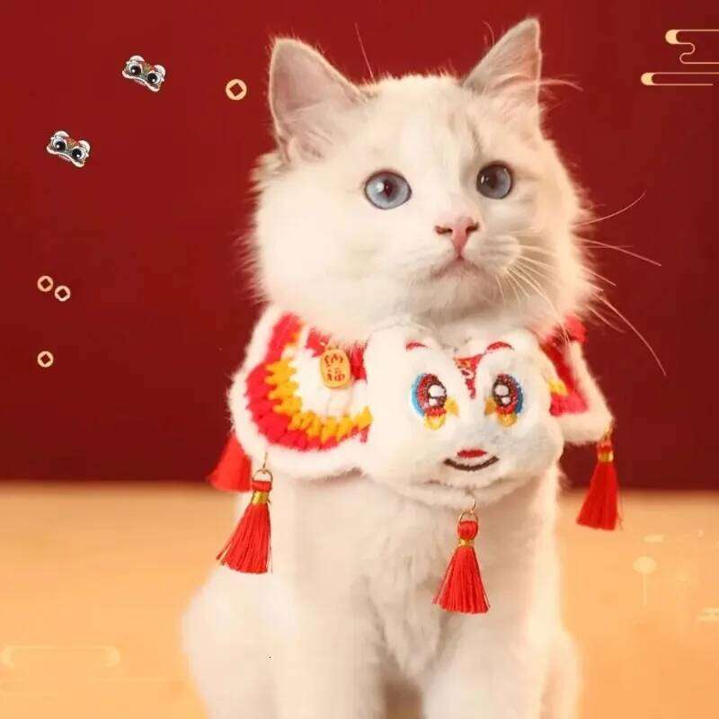 Chinese Style Spring Festival Lion Dance Tie Handmade Warm New Year Pet Collar Blessing Adjustable Cat Knitting Scarf Autumn