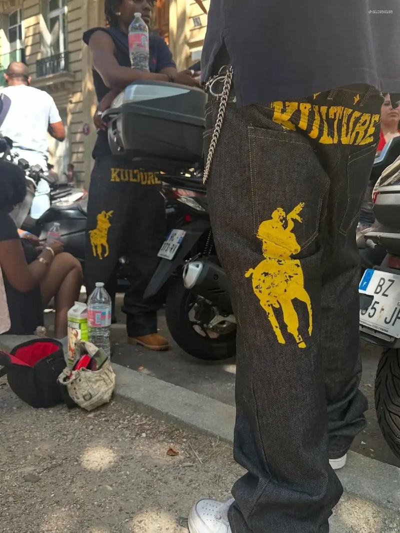 Men's Jeans Harajuku American Fashion Y2K Knight Yellow Pattern Printed Summer Casual Street Trousers Hip Hop Rap Style