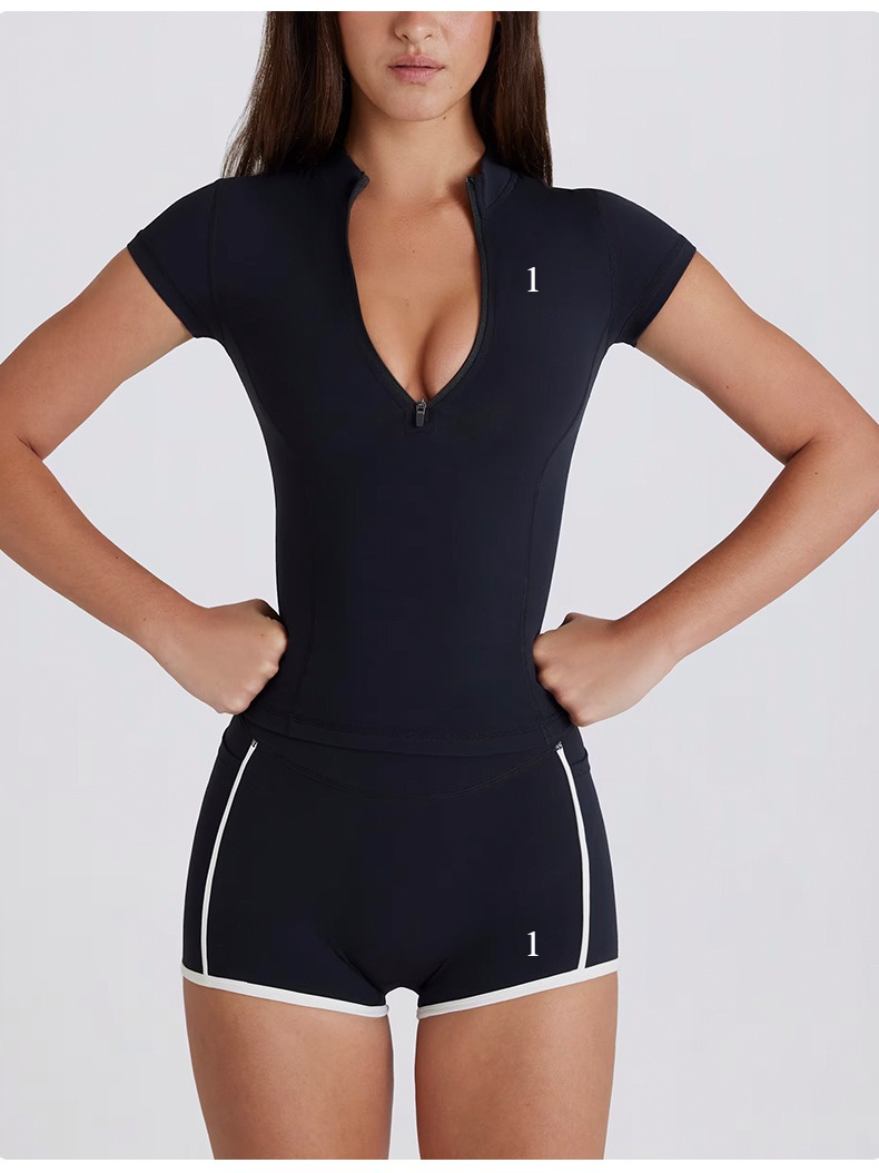 T6553+K4598 Yoga Two Piece Set Zipper Shirt Slim-fit Sports Fitness Top Women's Quick-drying Sports Short-sleeved T-shirt Suit