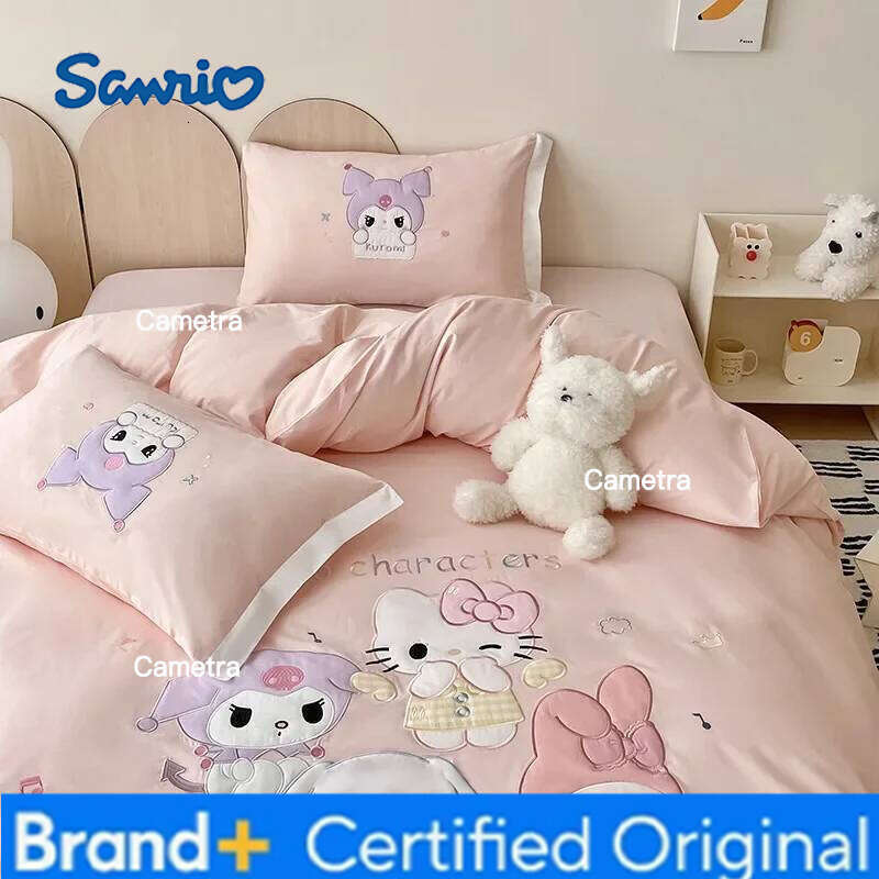 Sanrio 100%Cotton Embroidery Bedding Set Kuromi Mymelody Duvet Cover Bed Sheet Pillowcase Girl King Queen Twin Size Home Textile H260205