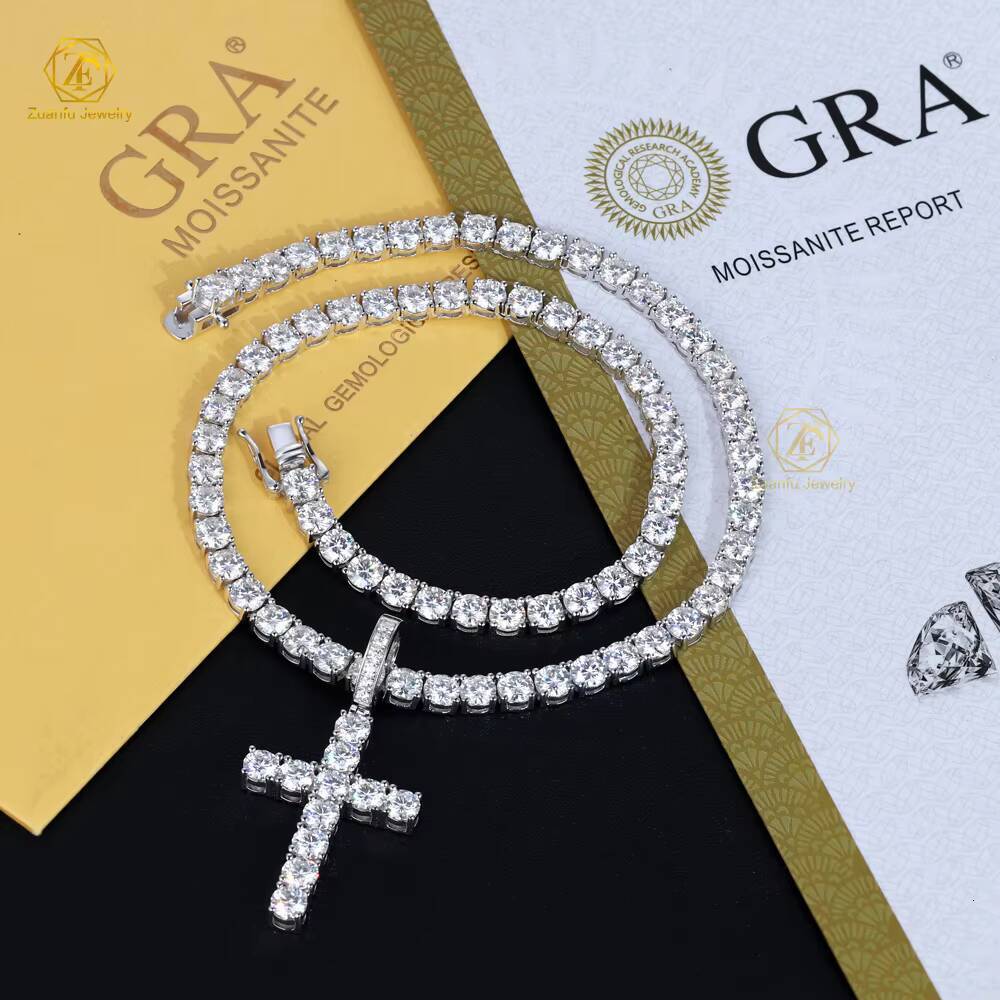 925 Sterling Silver 5mm D VVS Moissanite Diamond Cross Pendant with Tennis Chain Necklace for Women Men - view 4
