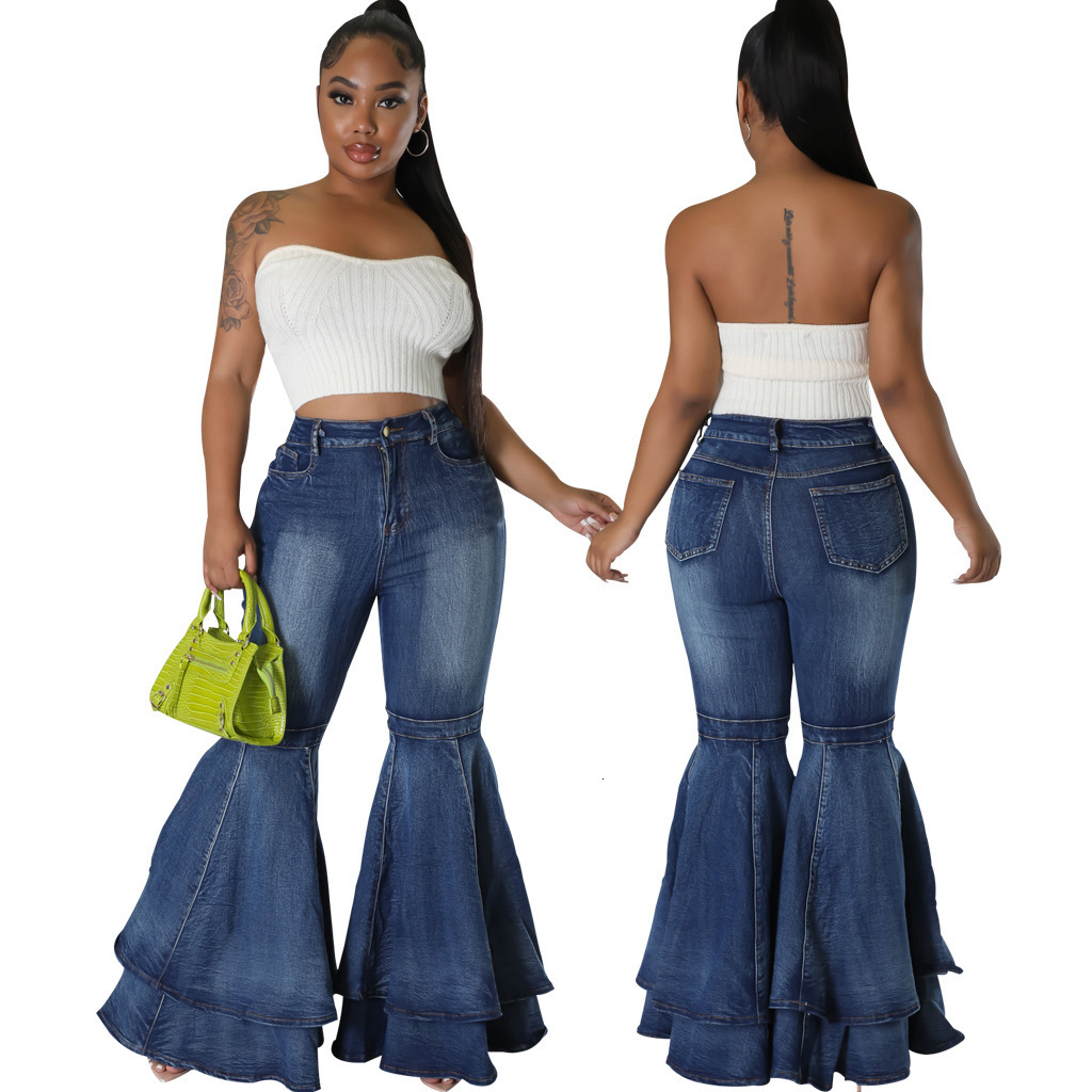HSF2645 Fashion Versatile Wide Leg Wash Denim Elastic Flare Pants 250618