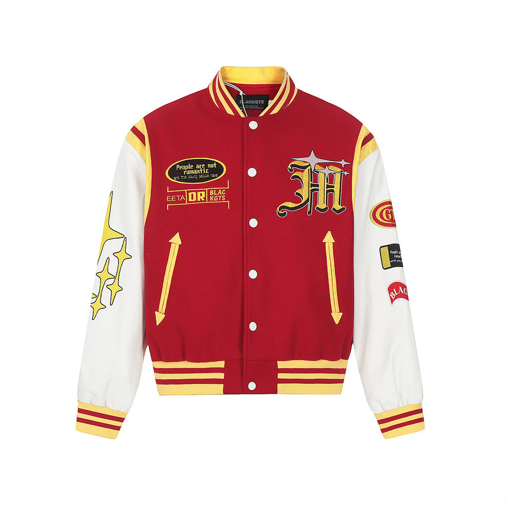 Heavy Embroidery Letter Baseball Jacket Mens Trendy Brand Autumn Winter Loose Casual Color Block PU Leather Sleeve Coat