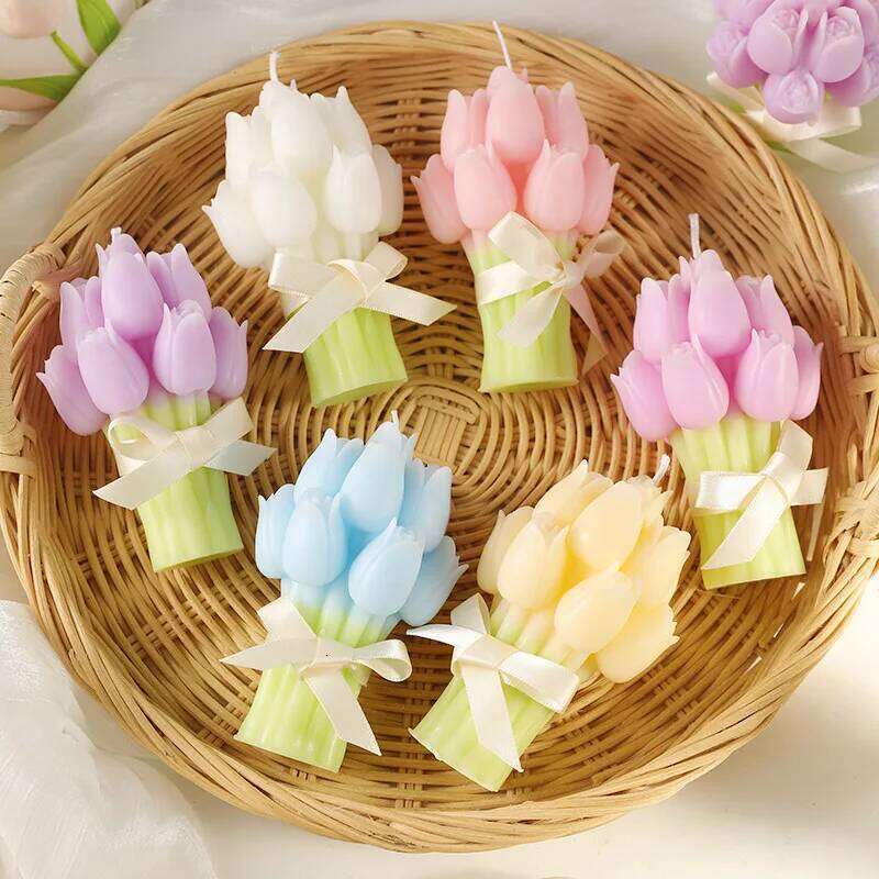 Tulip Bouquet Shaped Festive Atmosphere Gift, Souvenir, Handcrafted Flower Scented Candle, Table Decoration S260204