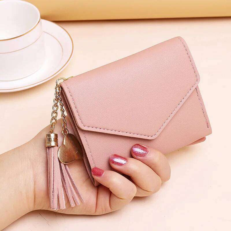 Women's 2024 New Short Style Tassel Pendant Litchi Pattern Money Clip Card Bag, Cute Zero Wallet in Hand Z260205