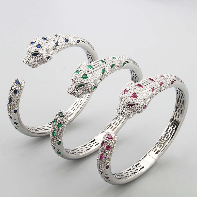 European and American Style Exaggerated Light Luxury Temperament Inlaid Colorful Zircon Popular Women's Open Leopard Head Bracelet