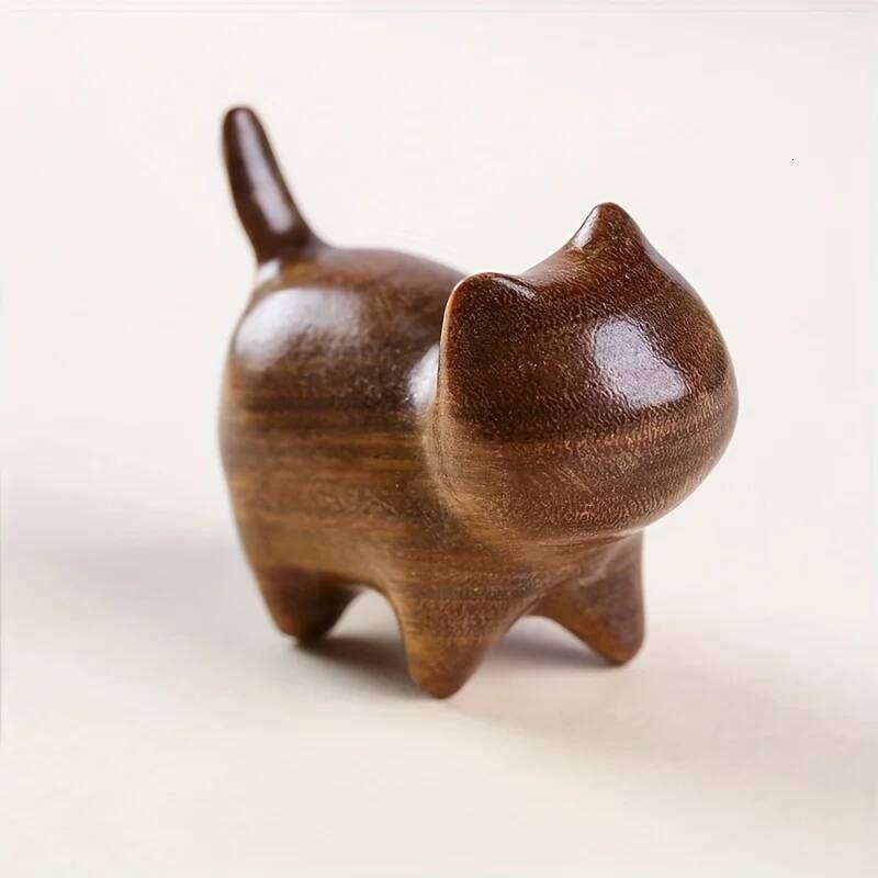1Pc Handmade Wooden Kitten Figurine: a Unique Natural Texture Decorative Gift for Friends S260204