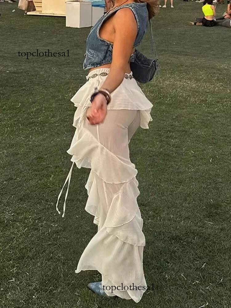 Weird Puss Irregular Tierred Flare Pants Women Y2K Patchwork See Through Summer Hipster Wild Basic Street Trend Classic Trousers