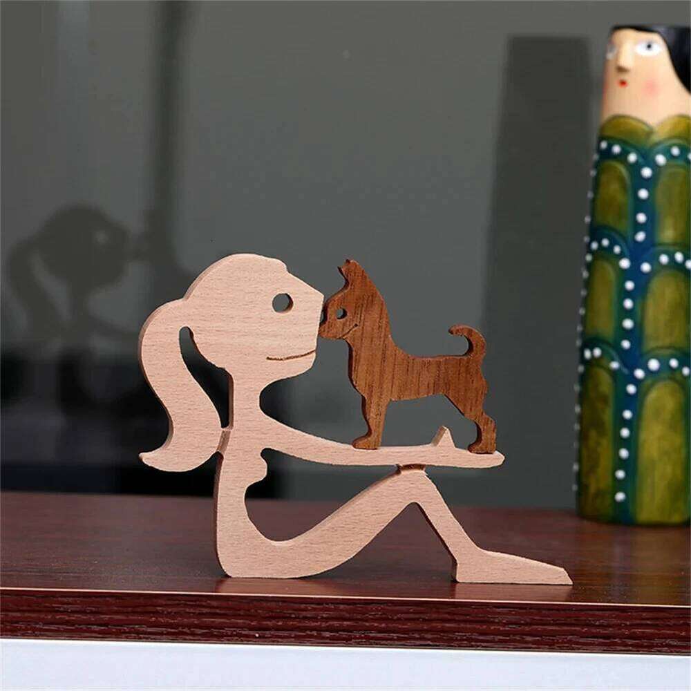 Wooden Dog And Human Craft Figurin Creative 3D Home Office Decoration Man Statue Wood Toy Desk ECO Friendly Free Shipping S260204