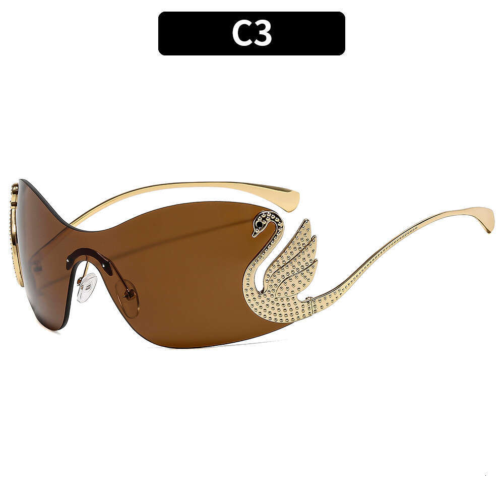 New Swan Temple Metal European and American Style Internet Celebrity One-piece Sunglasses Personality Diamond-studded UV Protection Glasses