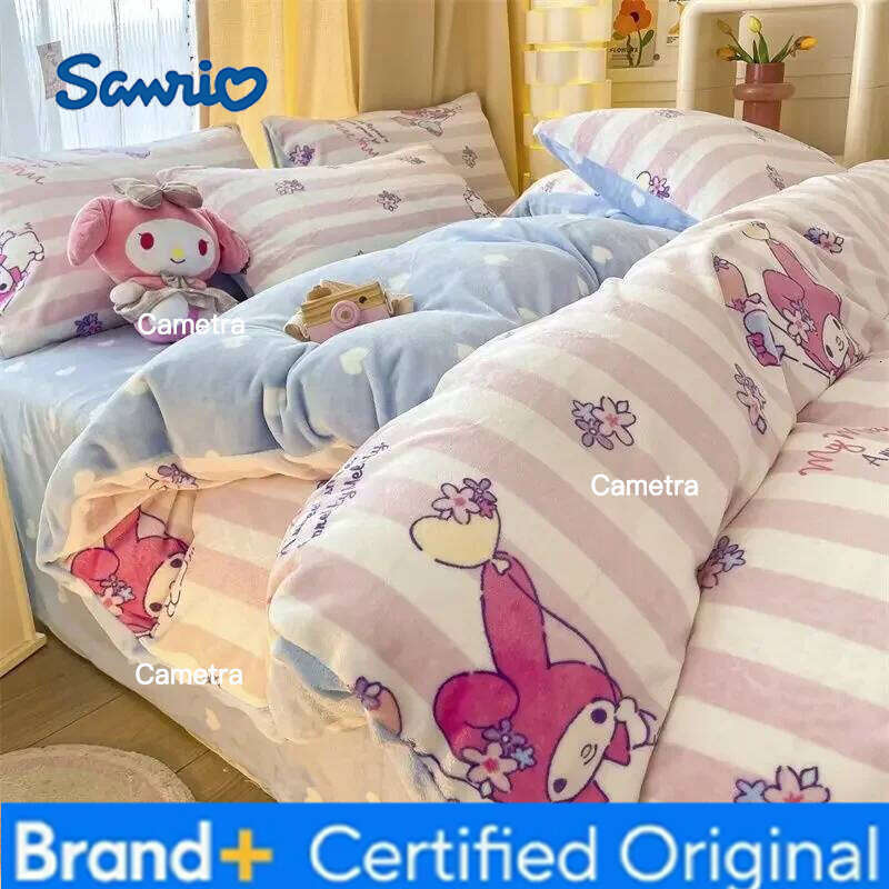 Sanrio Cartoon Milk Fleece 3kg Cinnamoroll Melody Four-piece Kuromi Flannel Three-piece Quilt Cover Sheet Pillowcase H260205