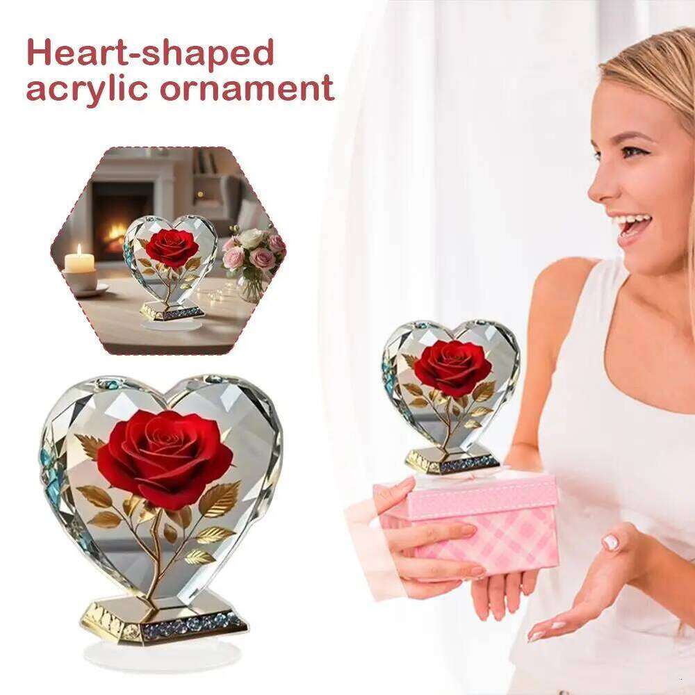 2D Acrylic Bohemian Heart Shaped Sculpture Ornament with Red Roses and Gold accents Elegant Desktop Decora for Home or Office S260204
