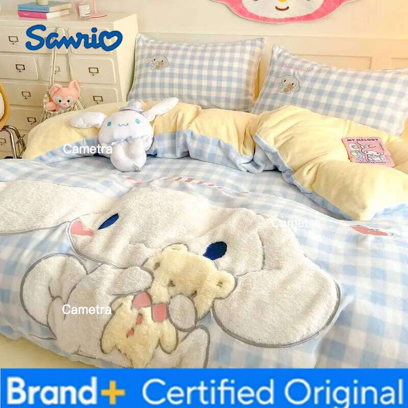 Sanrio Hello Kitty My melody Cinnamoroll Kuromi Four-piece Creative High-value Anime Cartoon Printed Home Coral Fleece Bedding H260205