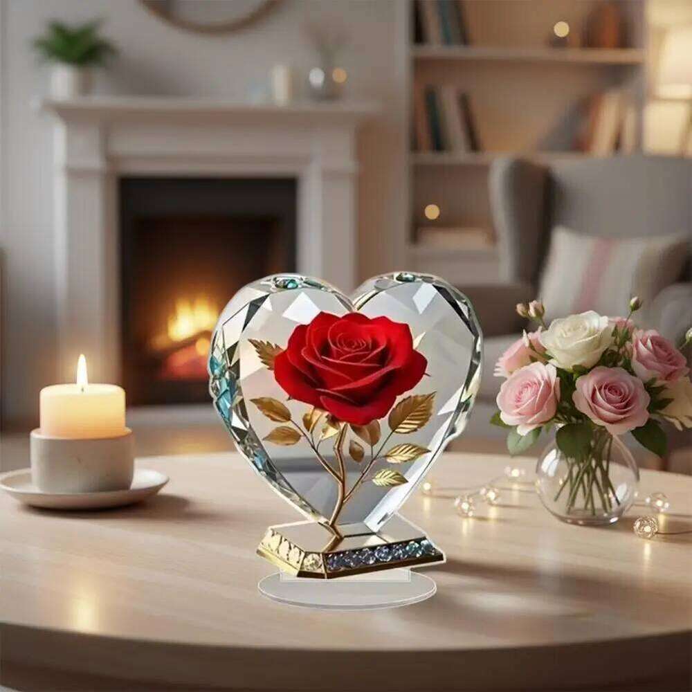 2D Acrylic Bohemian Heart Shaped Sculpture Ornament with Red Roses and Gold accents Elegant Desktop Decora for Home or Office S260204