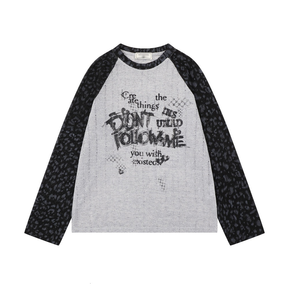 Color Block Leopard Print Long Sleeve T-Shirt Loose Fit Mens Spring Autumn Ins American Street Style Letter Graffiti Print Tee