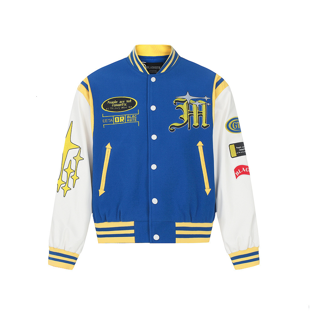 Heavy Embroidery Letter Baseball Jacket Mens Trendy Brand Autumn Winter Loose Casual Color Block PU Leather Sleeve Coat