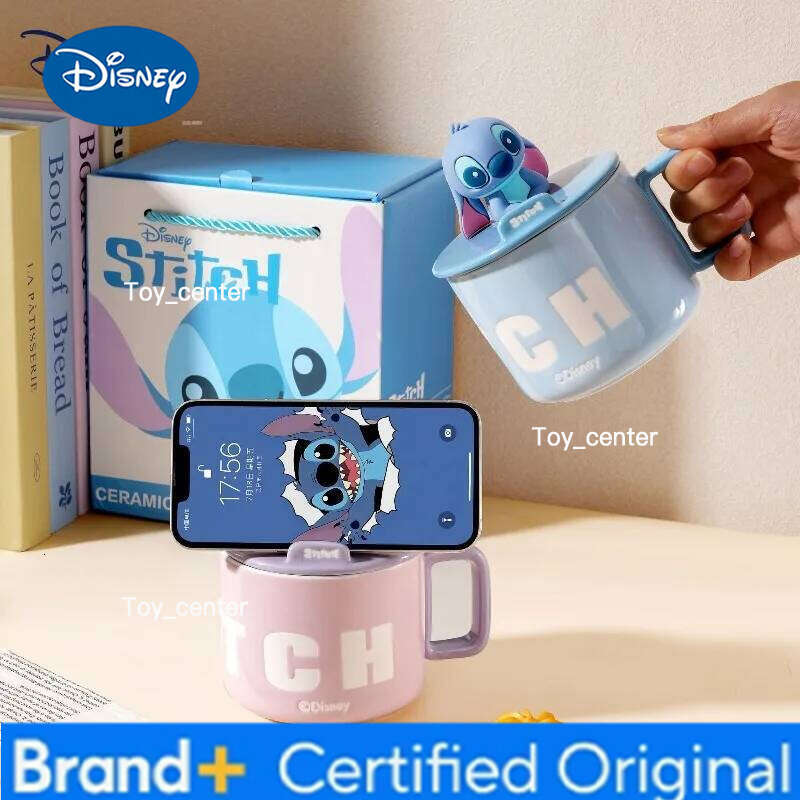 Disney Stitch Angie cartoon anime couples mug cute ceramic milk Creative cup lid phone holder home decoration gift for girls H260205