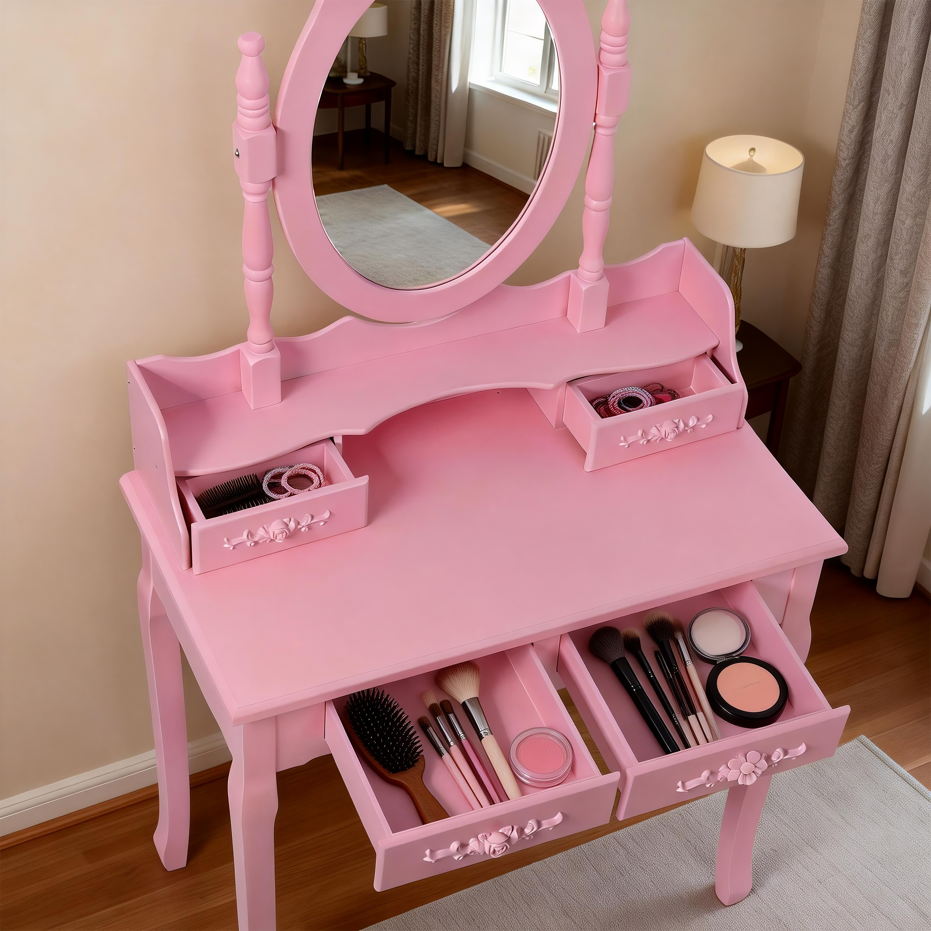 Princess Vanity Desk Set with Mirror & Cushioned Stool 4-Drawer Wooden Makeup Vanity Table for Bedroom Dressing Table with Ample Storage
