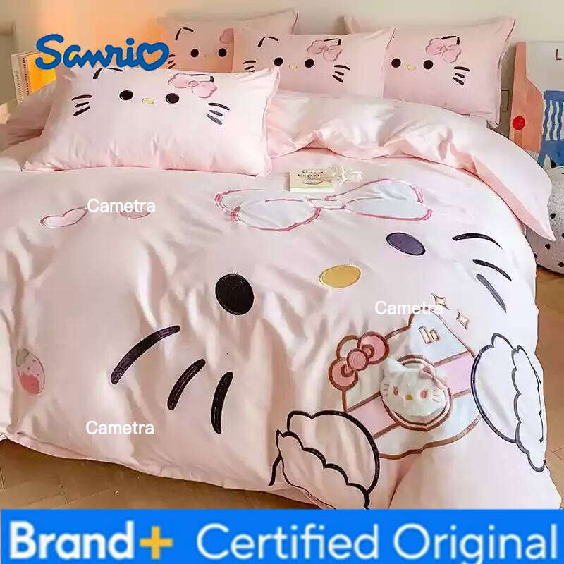 Sanrio Cartoon Kitty Cute Four-Piece Pure Cotton Duvet Cover Sheet Children'S Home Textile Bedding Set H260205