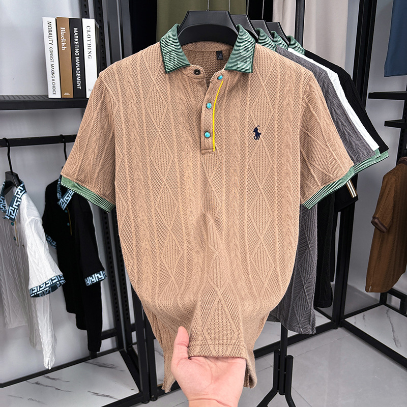 Free shipping Men Polos Slim Fit Knitted shirt embroidered pattern color blocked short sleeved fashion