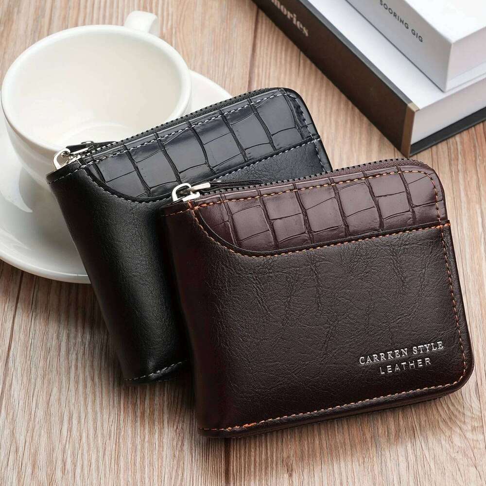 Vintage Wallet Multifunctional Card Holder Case with Crocodile Pattern Zipper Closure and Stitching Men Fashion Purse Z260205