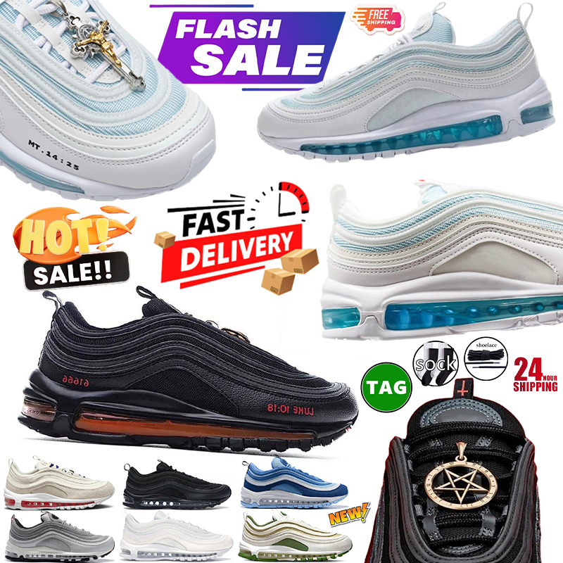 Designer 97 97s Sports Shoes Trainers Jesus Satan Futura Triple silver Cream Olive Volt Crucifix green Bred Sail Aurora Gym Mens Women Running Sneakers