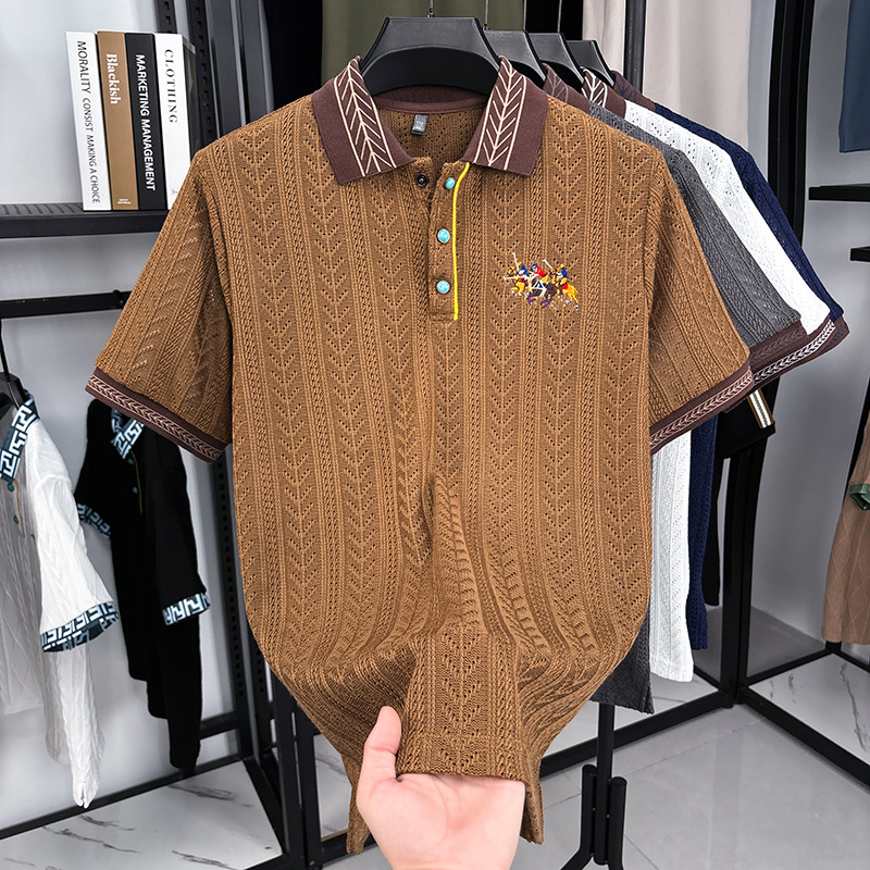 Free shipping 2026 Summer New Top Short Sleeve Knitted Shirt Embroidered Pattern for Middle aged and Young Men's Polo Shirt