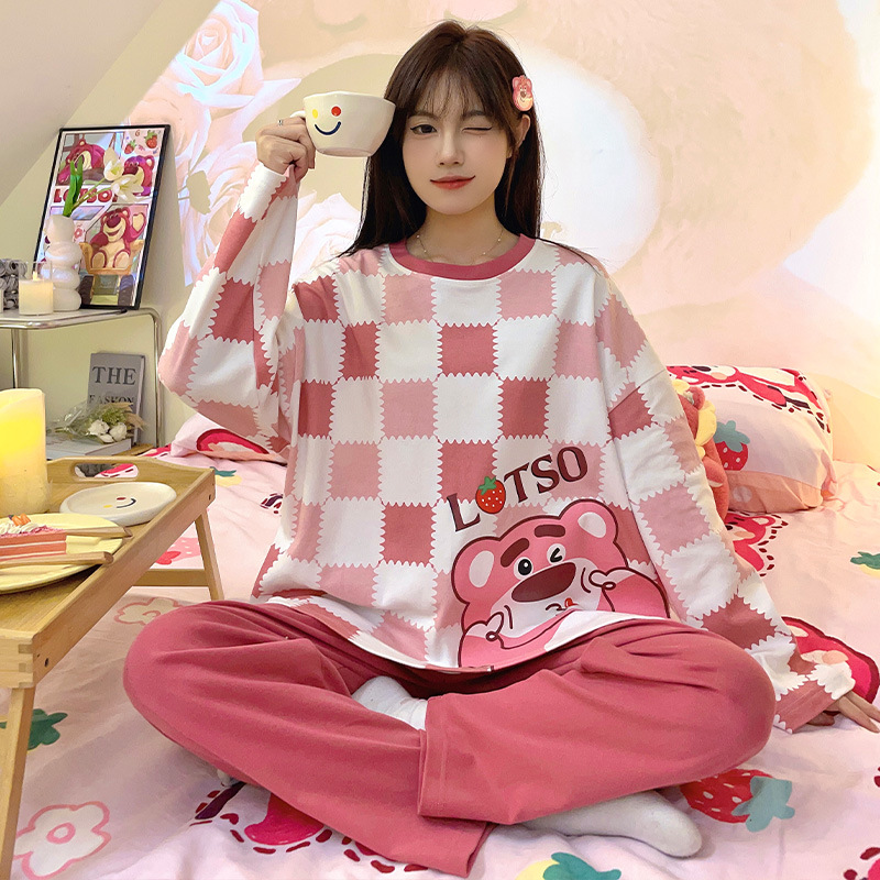 B1404-Elegant Women's Pajama Ensemble: Matching Cherry Patterned Tops and Bottoms with Sleeves