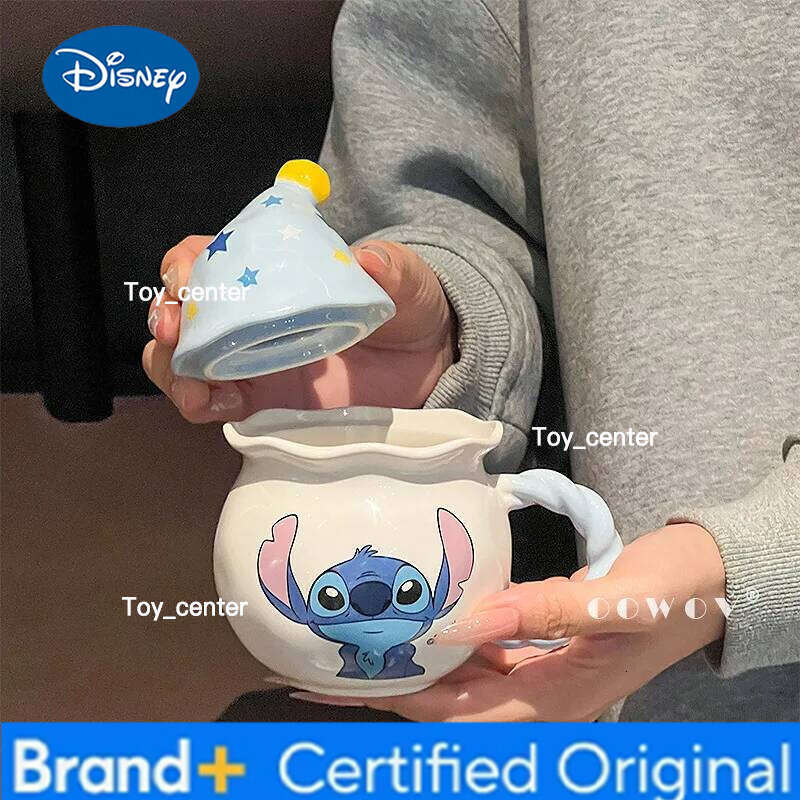 Disney Ceramic Mug Stitch Angel With Polka Dot Magic Hat Lid Cute Cartoon Couple Home Drinking Cup Gift For Birthday Christmas H260205