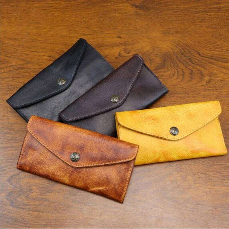 Hand Distressed Vegetable Tanned Men's Long Wallet Large Capacity Clasp Closure Phone Clutch Bag for Women 100% Leather Z260205
