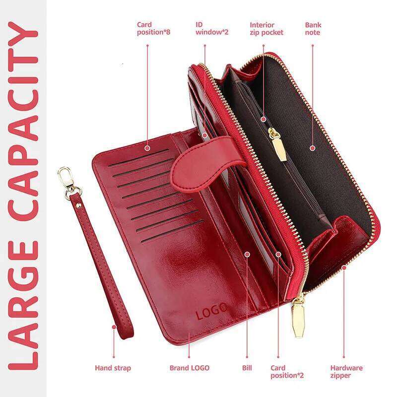 Bright shiny wax leather long wallet that can hold multiple cards, card bags, and comes with a wristband Z260205