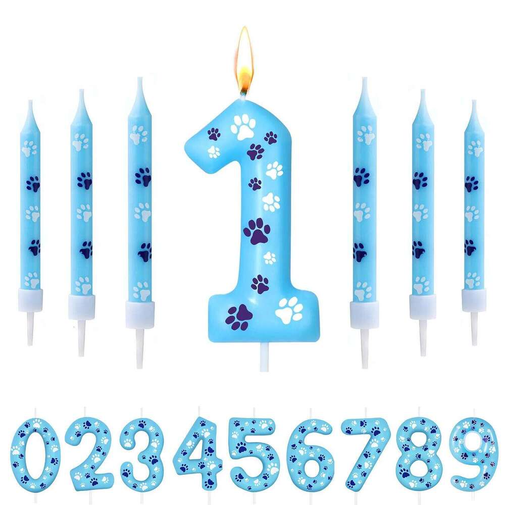 0-9 Blue White Candle Cake Top Digital Birthday Candle, Used for Boy and Girl Dog Claw Decoration Candles S260204