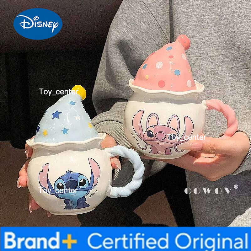 Disney Ceramic Mug Stitch Angel With Polka Dot Magic Hat Lid Cute Cartoon Couple Home Drinking Cup Gift For Birthday Christmas H260205
