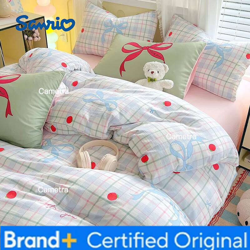 Sanrio Cute Cartoon Cat Bedding Set Simple Duvet Cover Washed Cotton Flat Bed Sheets Pillowcase Single Double For Kids Decor Home H260205
