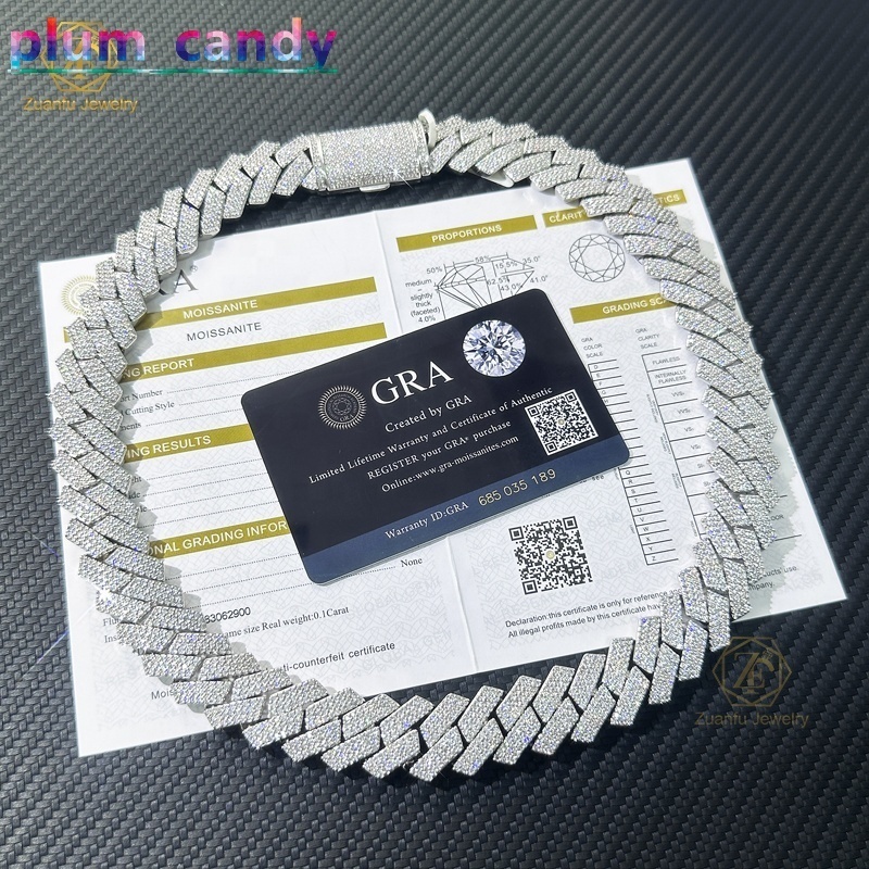 Hip Hop Rapper Jewelry Men 925 Silver Vermeil Necklaces Iced Out VVS1 Diamonds Chain 18mm 3 Rows Cuban Link Chain Moissanite