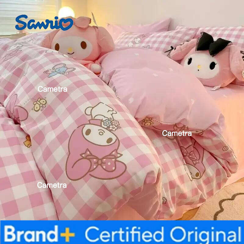 Sanrio New pink grid My melody anime cartoon cotton children's bed sheet three-piece girl's heart quilt cover four-piece set H2602051