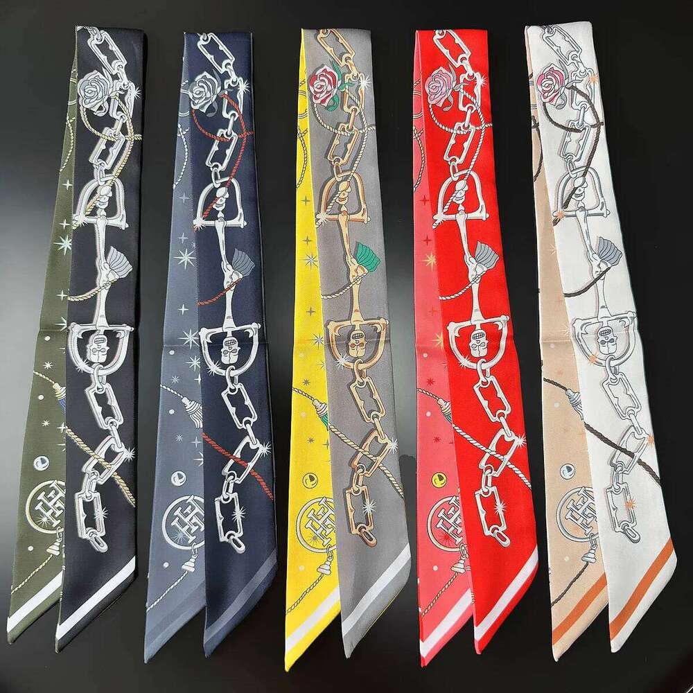 Seasons Ladies Twill Silk Scarf with Chain Buckle Korean Style Decorative Ribbon Bag Strap Wrap Gift Present Accessory 26Y0205