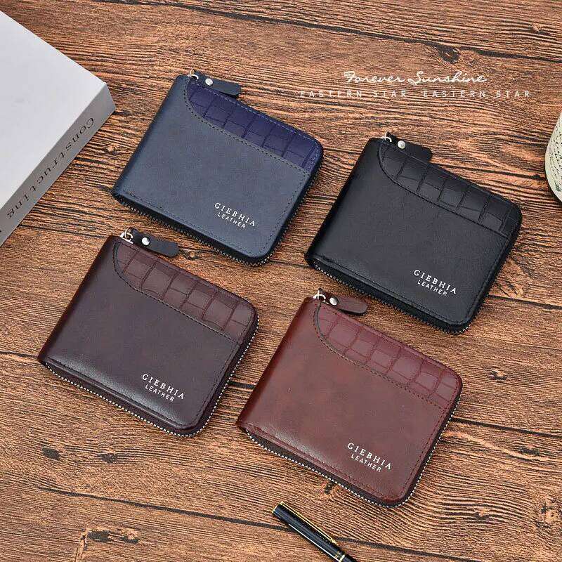 Vintage Wallet Multifunctional Card Holder Case with Crocodile Pattern Zipper Closure and Stitching Men Fashion Purse Z260205