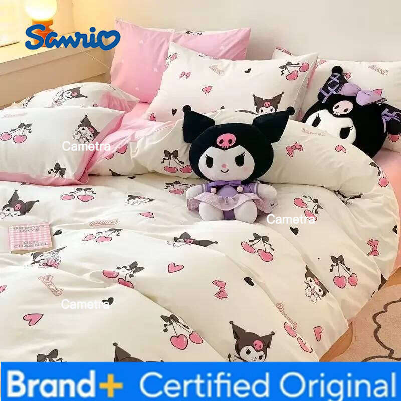 Sanrio New pink grid My melody anime cartoon cotton children's bed sheet three-piece girl's heart quilt cover four-piece set H2602051