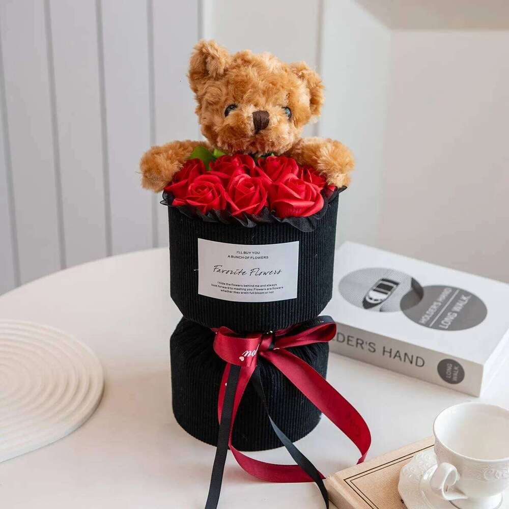 Valentine's Day Gift Her Rose Bouquet with Cute Bear Artificial Flower Home Decor for Living Room Bedroom Wedding Decoration S260204