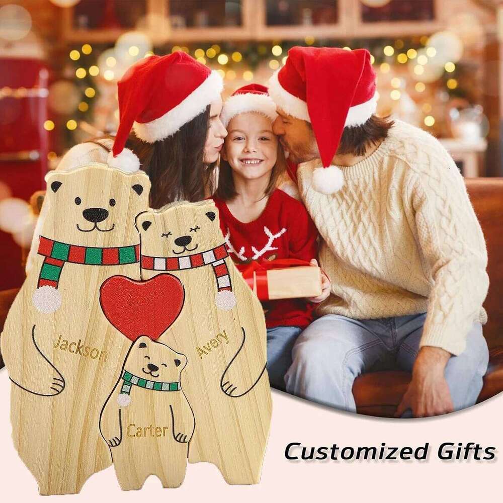 Name Personalized Custom Mother's Birthday Gift Names Sculpture Wood Puzzle Bear Family Heart Puzzles Home Decoration S260204