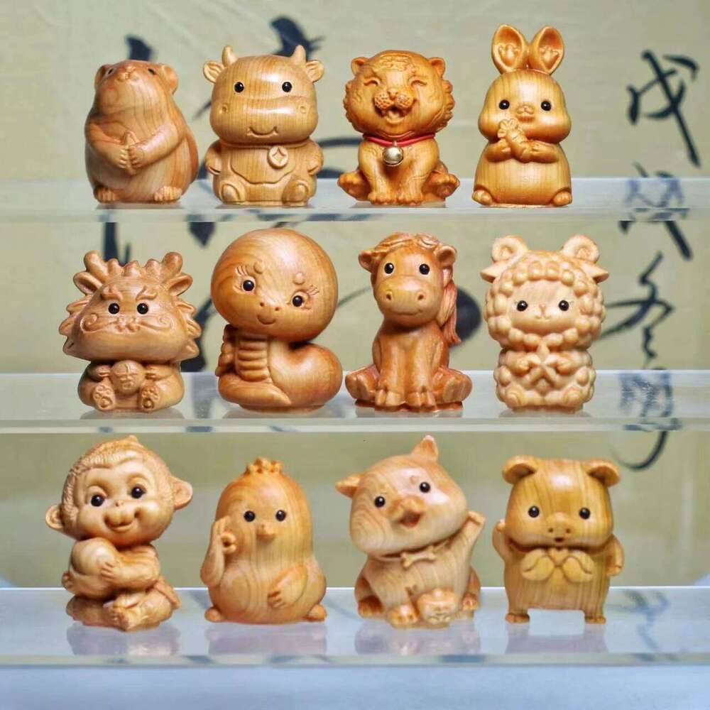 Wooden Zodiac Animals 12pc Sculpture Set Rat Ox Tiger Rabbit Dragon Snake Horse Goat Monkey Rooster Dog Pig Figurine for Home Office Shelf Decor