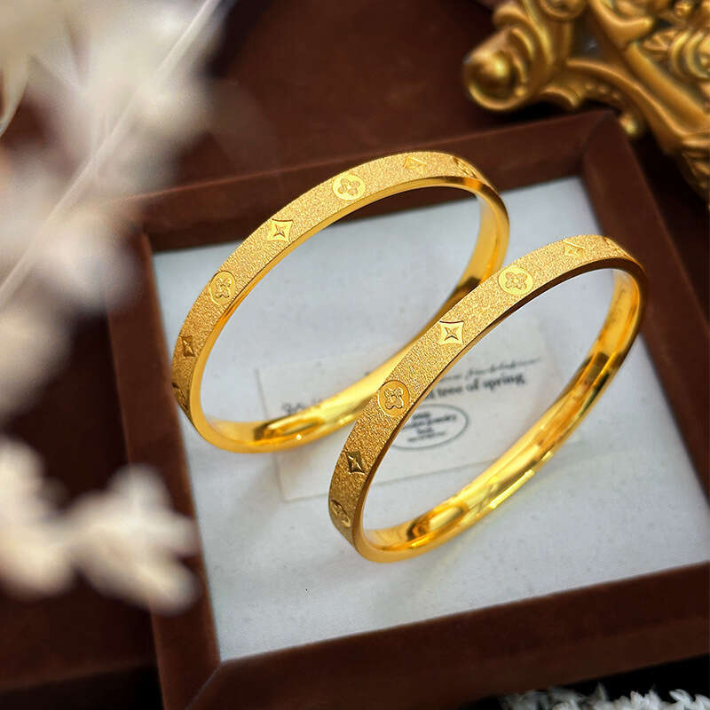 Niyou 24k Real Plated Sand Gold CNC Money Style Four-Leaf Clover Old Flower Bracelet Ring for Women Gift