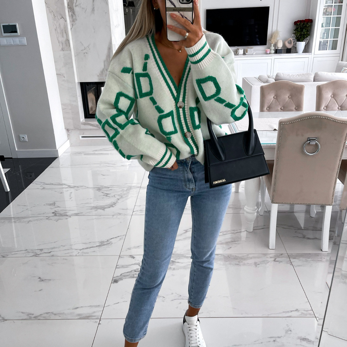 Luxury Brand Designer Clothes European And American Sheep Wool V-Neck Single-Breasted Knitted Cardigan 2025 Autumn Winter New Loose Sweater Coat Top