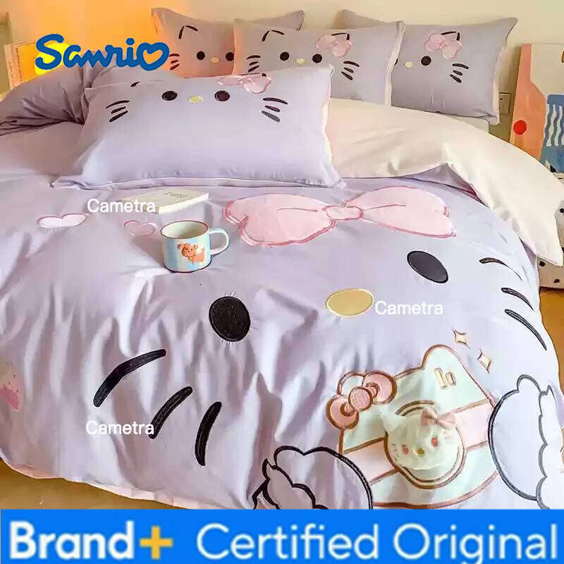 Sanrio Cartoon Kitty Cute Four-Piece Pure Cotton Duvet Cover Sheet Children'S Home Textile Bedding Set H260205