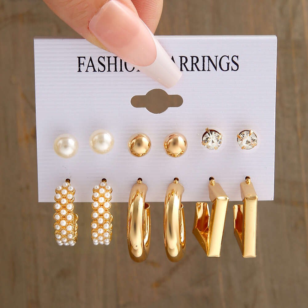 european and american style metal ear rings square geometric earrings retro pearl earrings hepburn style earring set 6piece set